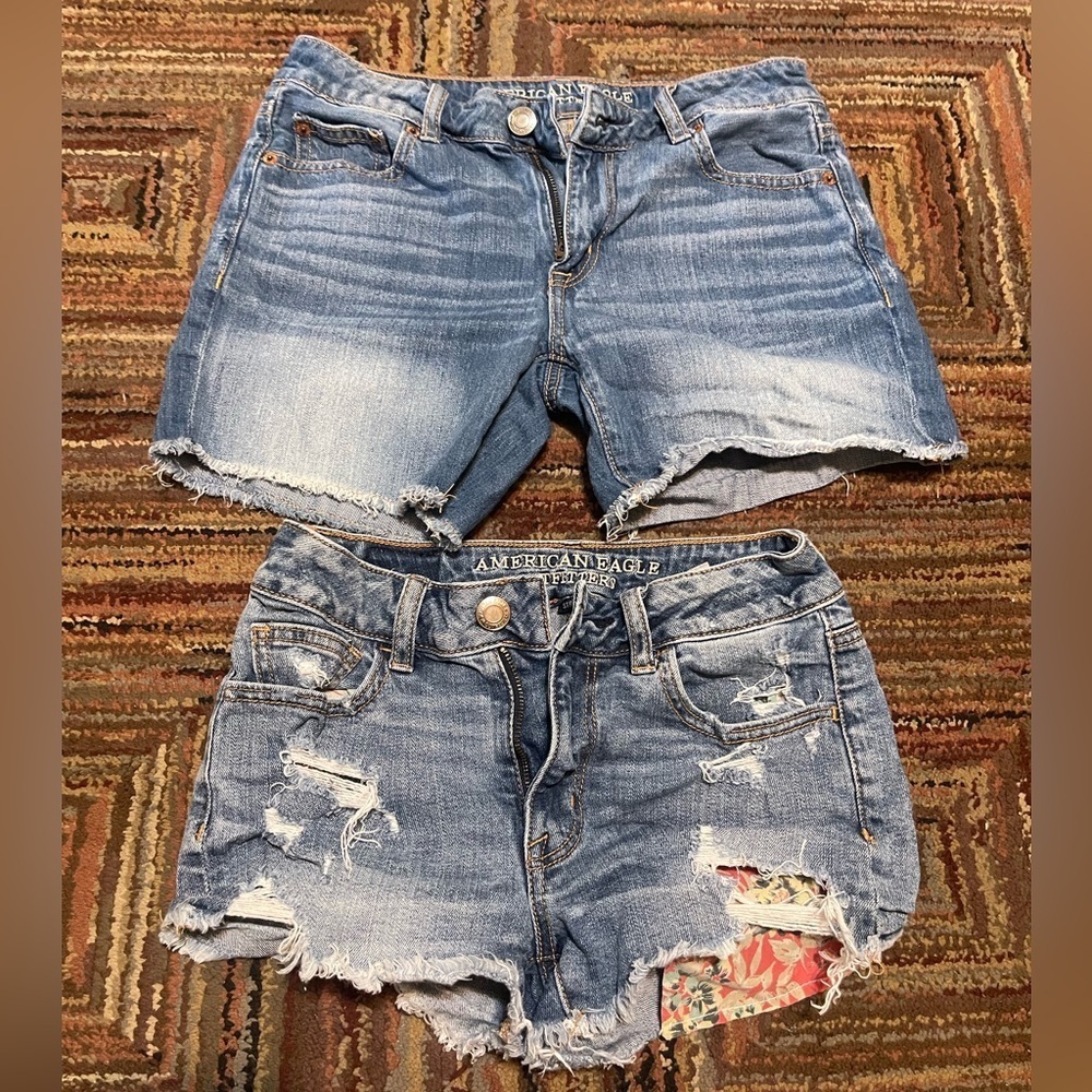 Set Of 2 American Eagle Jean Blue Cotton Shorts Womens Sz 0 Stretch